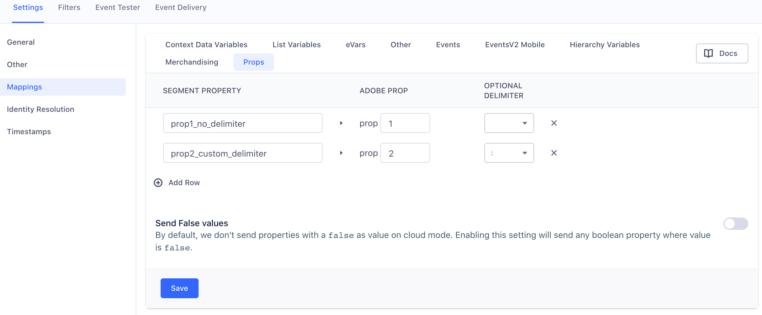 A screenshot of the Adobe Analytics settings page in Segment, with the Mappings section selected and two sample properties mapped under the Props tab.