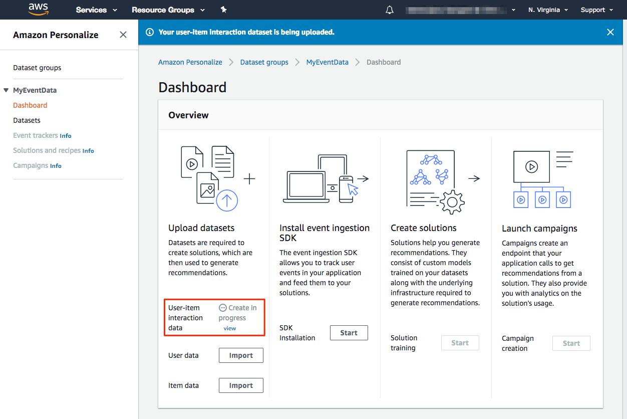 A screenshot of the Dataset groups dashboard, with a box around the status of the dataset upload (Create in progress).