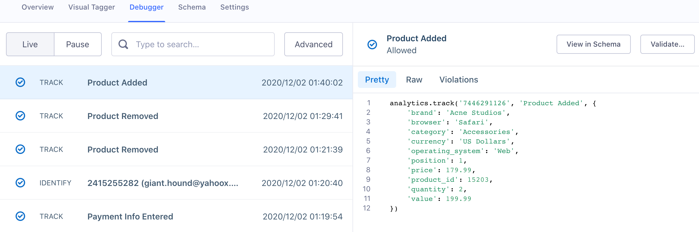 Screenshot of a source's Debugger, with a Track call selected and the Pretty view for a sample event.