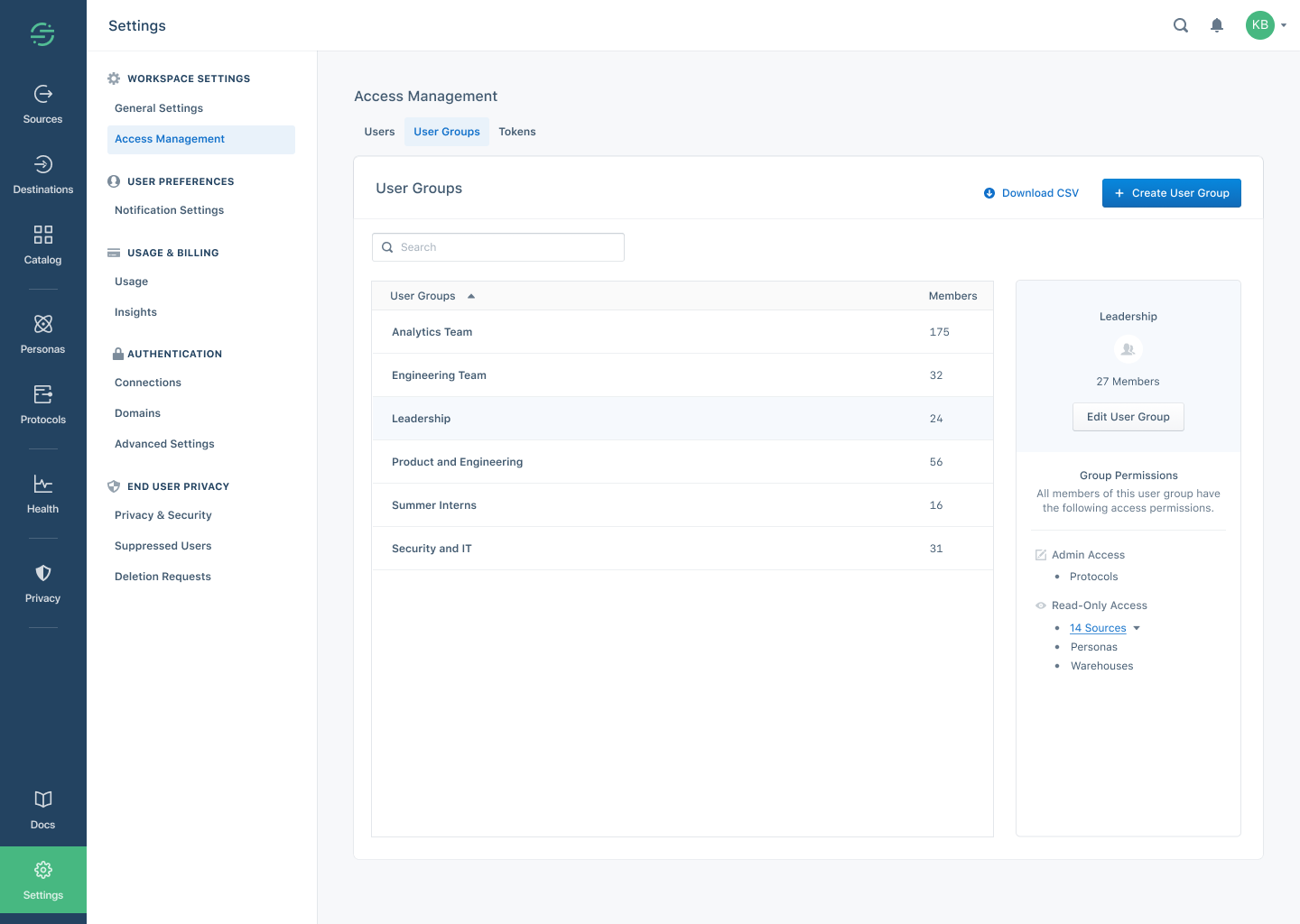 Screenshot of the Access Management settings page, with the User Groups section selected.